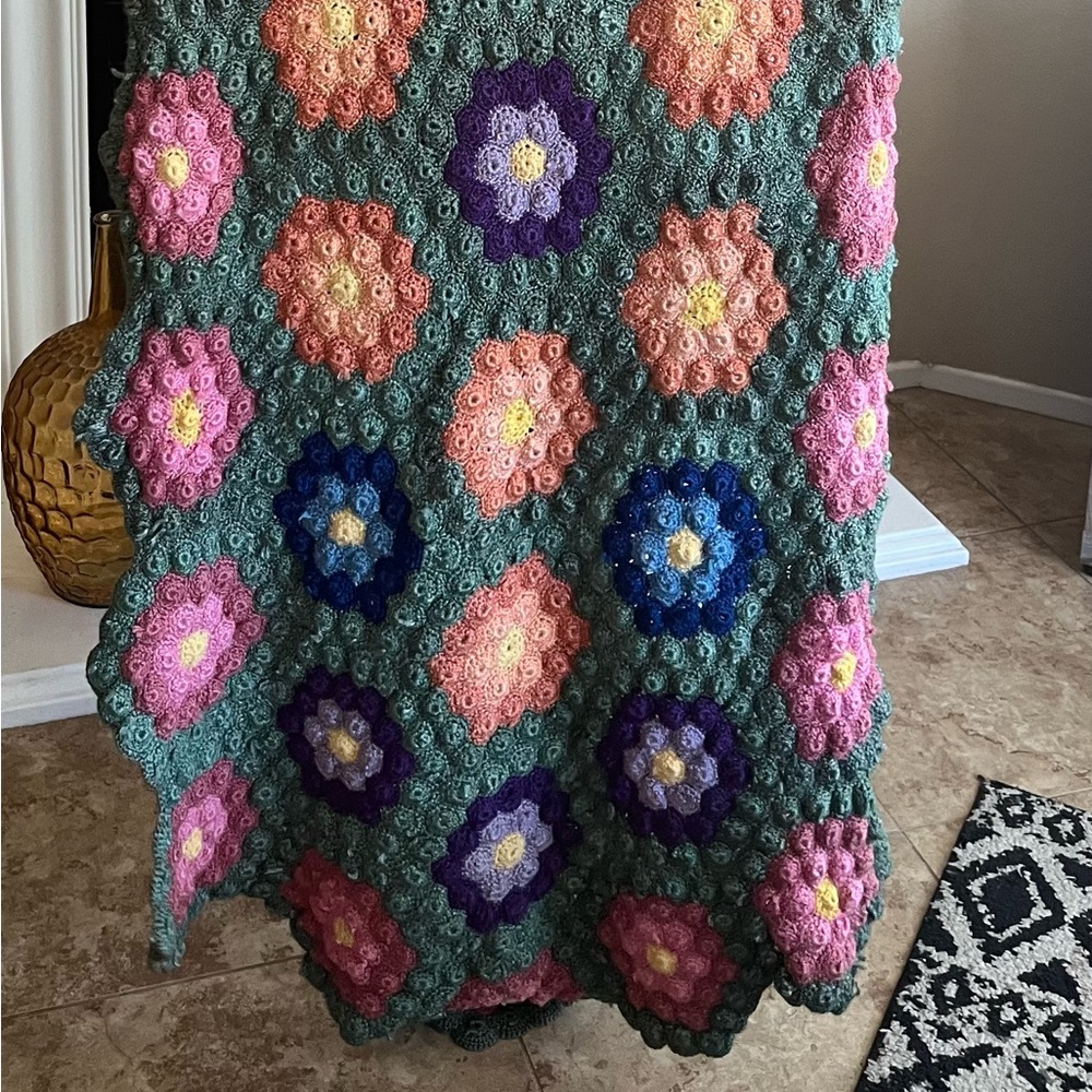Granny Floral Crocheted Throw Blanket 74x33 Multi-Color Handmade Scalloped Edges - Picture 2 of 6